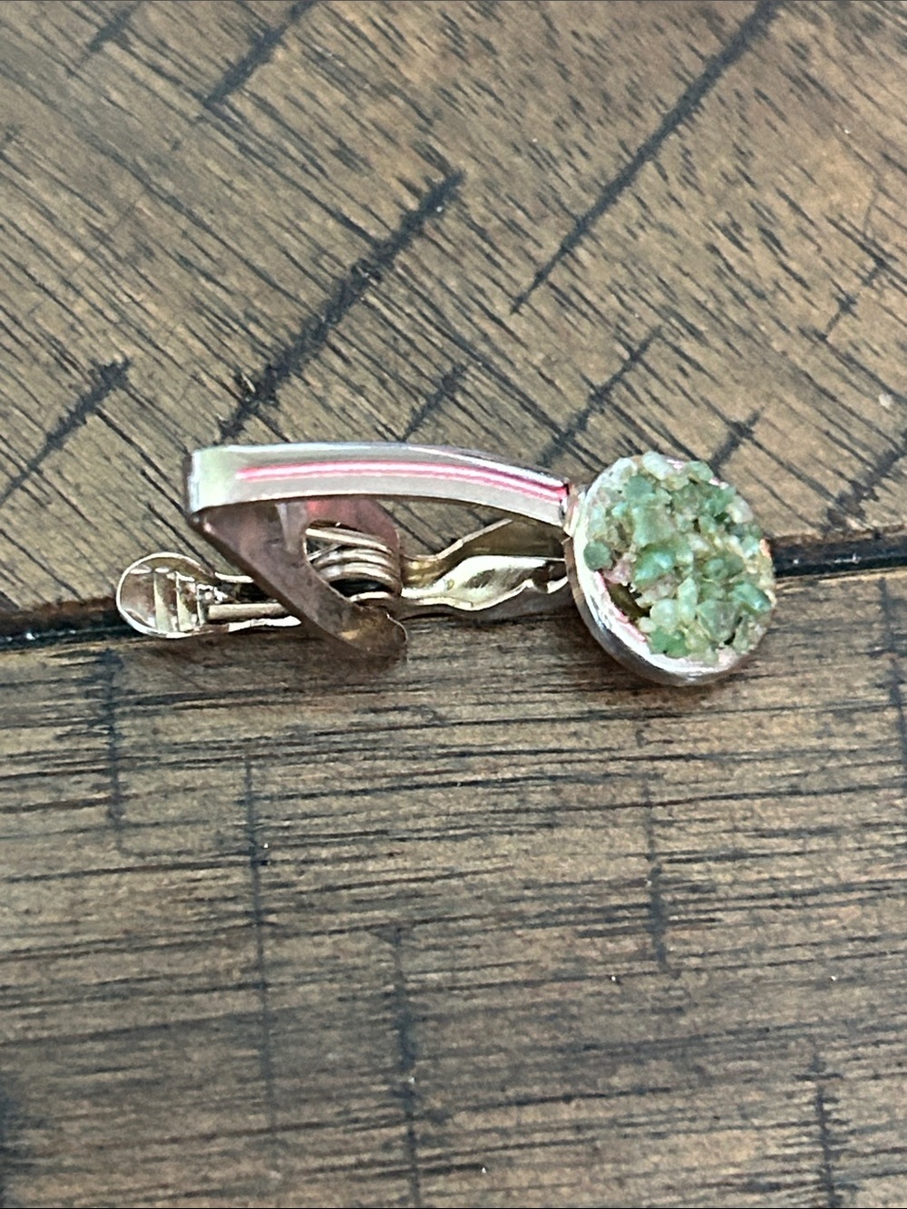 Vintage Gold Tone Tie Clip Bar Green Stone